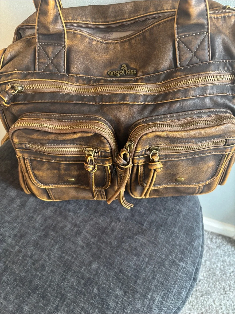Angel Kiss Distressed Brown Faux-Leather Satchel with Gold Hardware